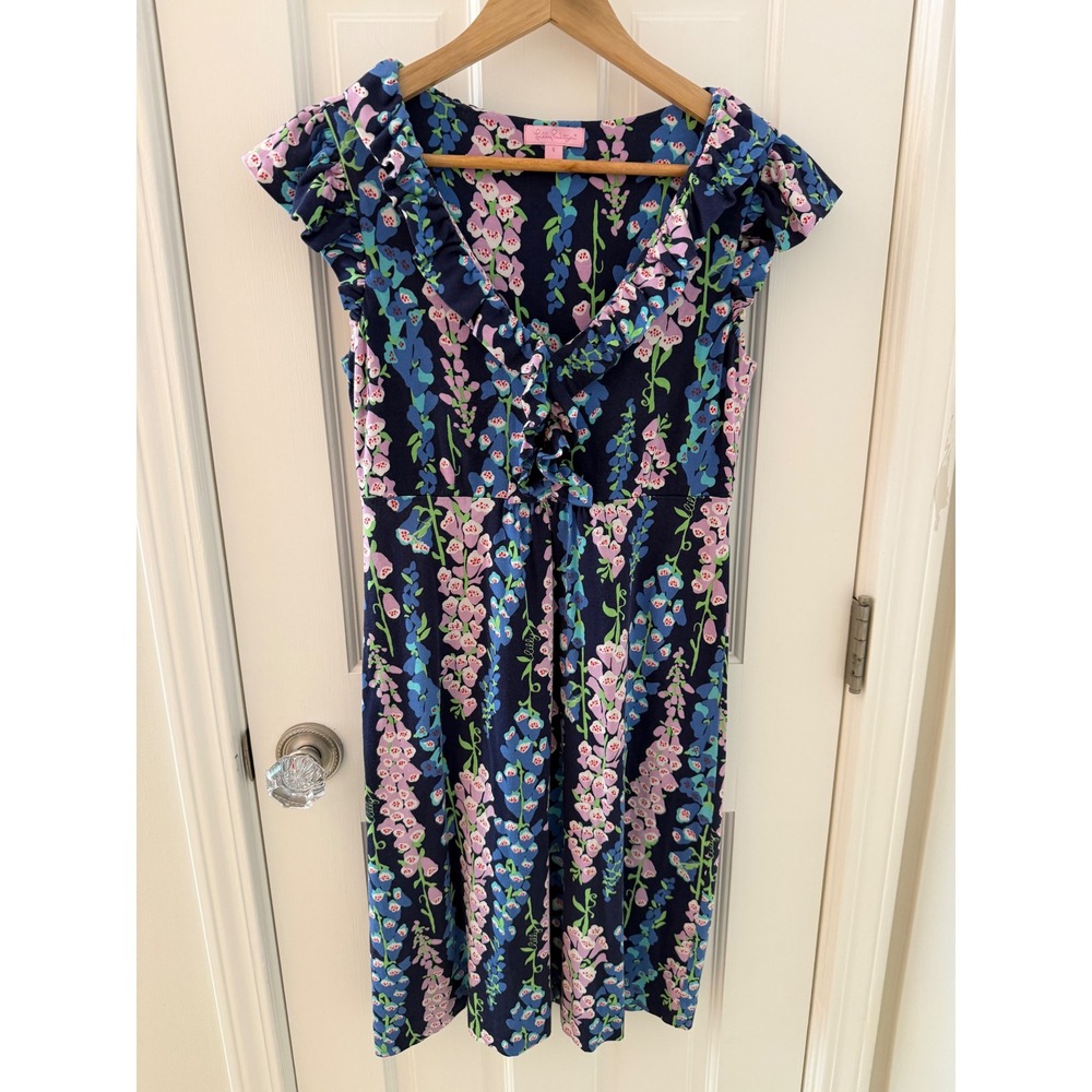 Lilly Pulitzer Navy Floral Ruffle V-Neck Knit Dress Sz Small Foxy Foxglove Print